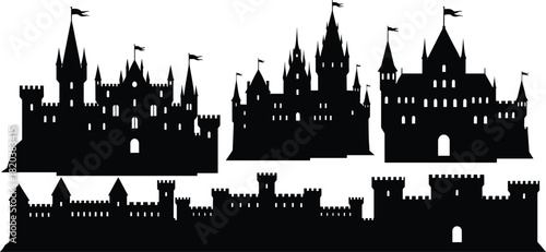 Collection of Black Silhouette Castles and Fortifications on White Background Keywords: castle, fortress, medieval, architecture