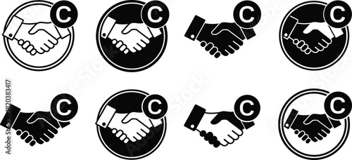Copyright Symbol C With Handshake Icons Black And White Variations vector illustration