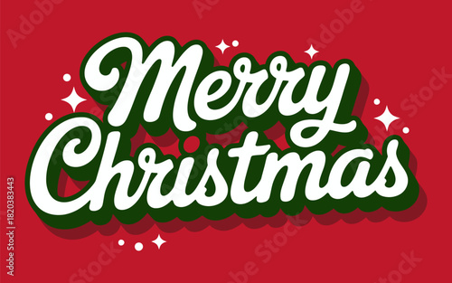 Merry christmas retro script typography with green shadow on a vibrant red background, perfect for festive holiday designs and seasonal greetings