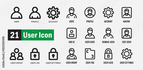 Comprehensive user icon set with outline style for profile and account related functions
