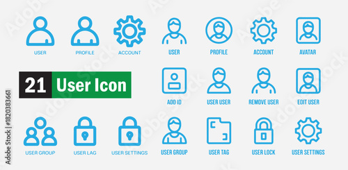 Set of 21 user icon designs in blue outline for various digital interface elements