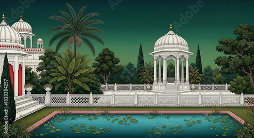 Traditional Mughal garden scene in Pichwai style featuring peacock and arches, designed for wallpaper