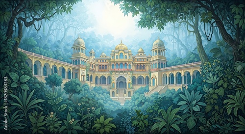Traditional Mughal garden scene in Pichwai style featuring peacock and arches, designed for wallpaper