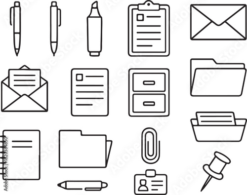 Office /stationery icons pens, envelopes, clipboards, folders