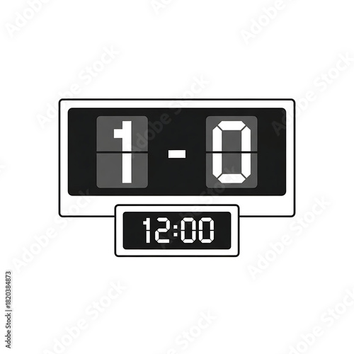 Digital flip scoreboard displaying 1-0, bold line vector, black grey white, sports match time and score