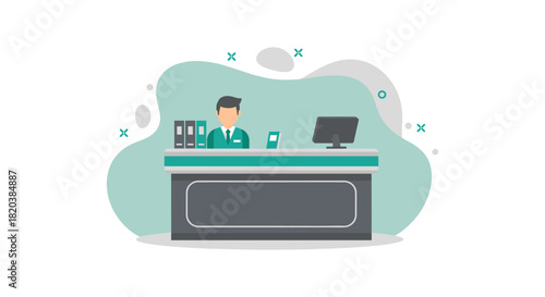 A flat vector illustration depicts a friendly receptionist standing behind a desk, creating a welcoming and professional atmosphere in a modern office setting.