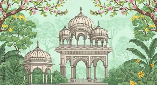 Traditional Mughal garden scene in Pichwai style featuring peacock and arches, designed for wallpaper