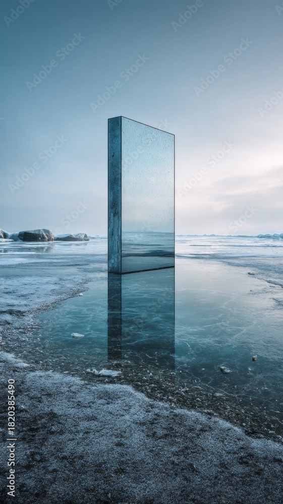 Fototapeta premium A large, reflective, silver structure is in the middle of a frozen lake