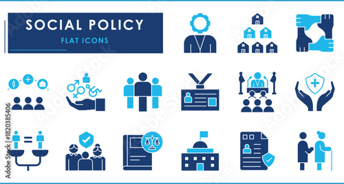A set of flat icons related to Social Policy. Social, people, political, government, law, rules, responsibility, equity, healthcare, security, identity, and so on.