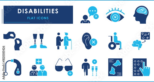 A set of Flat icons related to Disabilities. Blindness, hearing problem, voice, mental illness, robotic legs, elderly, braille, and so on. Vector editable stroke.