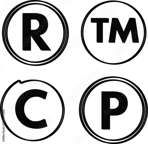 Four trademark and copyright symbols RTMCP on white background registered icon