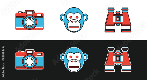 Stock illustration camera monkey binoculars travel adventure wildlife