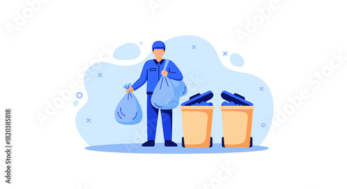 An illustration depicts a sanitation worker in blue uniform holding full trash bags, standing near two brimming garbage cans against a clean white background.
