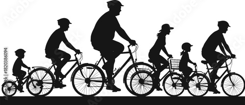 Black silhouette family riding bicycles together on white background cycling