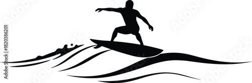 Black silhouette of a surfer riding a wave on a surfboard surfing ocean