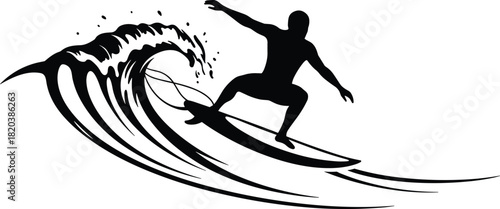 Black silhouette of a surfer riding a wave with water splashes surfing ocean