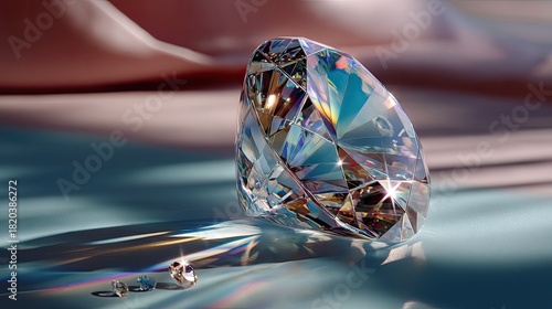 Brilliant Cut Diamond on Silk Fabric with Sparkling Reflections and Refraction Effects in Elegant Display