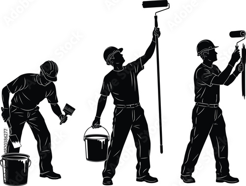 Painters with Paint Buckets and Rollers Silhouettes on White Background painting decorator