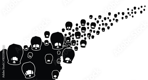 A stream of dark lanterns ascends into the night sky, creating a magical and hopeful display.