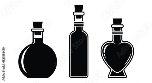 Black and white vector illustration of potion bottles with corks
