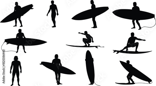 Collection of black silhouettes of surfers in various poses with surfboards surfing black and white