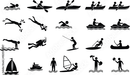 Collection of black water sport and activity icons on white background swimming kayaking