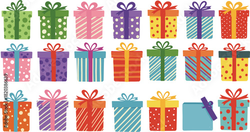 Collection of colorful gift boxes with ribbons and bows present