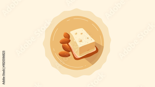 A flat vector icon featuring three square golden butterscotch or caramel candies stacked with two almonds, enclosed within a circular border.
