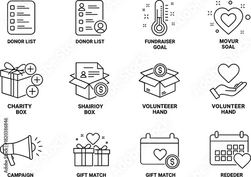 Collection of outline icons representing charity and fundraising concepts donation giving