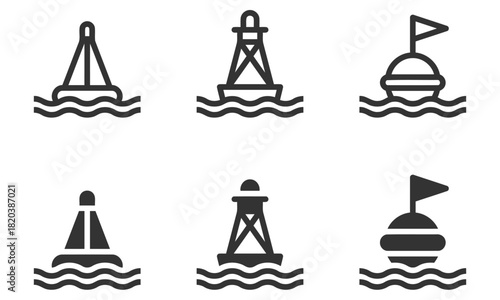  Set of vector illustrations of different types of marine buoys in a simple black and white design