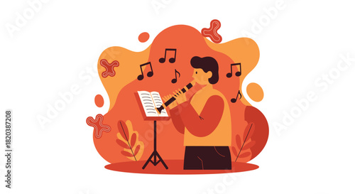 A stylized illustration depicts a young man playing the clarinet outdoors, surrounded by musical notes and abstract foliage in warm, inviting colors.