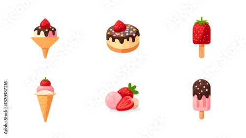 A set of nine flat vector icons featuring various sweet treats, including fresh strawberries, chocolate bars, popsicles, and different types of ice cream cones.