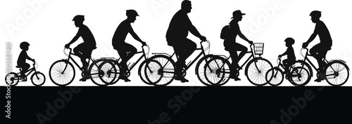 Silhouettes of a family riding bicycles of various sizes cycling