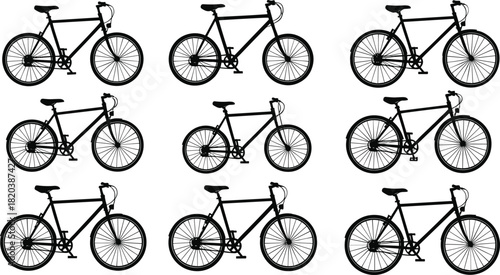 Nine black bicycle silhouettes on white background bike