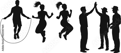 Silhouettes of people jumping rope and high-fiving on white background high five