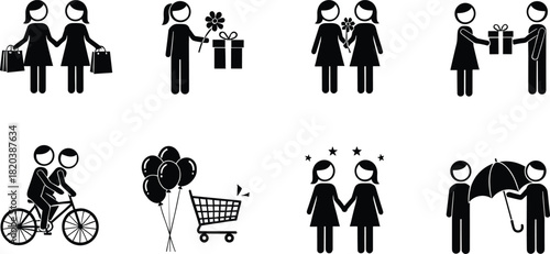 Stick figure couples shopping cycling gifting sharing umbrella and celebrating with balloons people