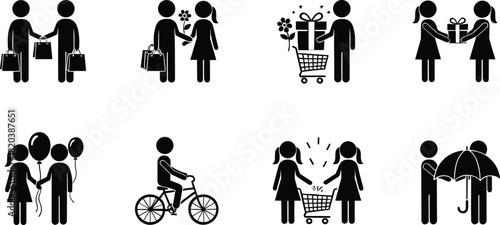 Stick figures engaged in various activities like shopping gifting cycling and sharing an umbrella icon