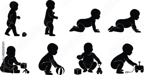 Silhouette baby development stages crawling standing playing with toys on white background child infant