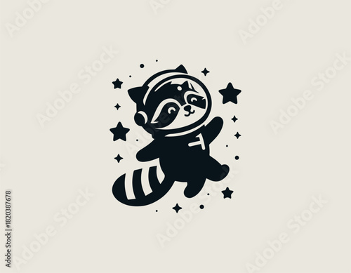 Delightful black and white vector graphic of a cute, stylized raccoon character enthusiastically floating in an astronaut helmet surrounded by celestial stars