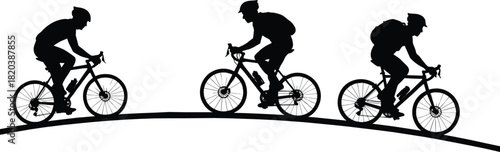 Three black silhouette cyclists riding bicycles on a curved path cycling sport