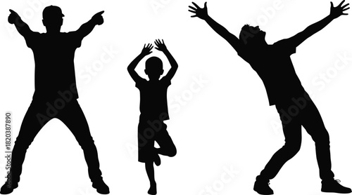 Three black silhouettes of people celebrating with arms raised and pointing celebration