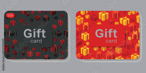 Two gift cards with gift box patterns red and black backgrounds present