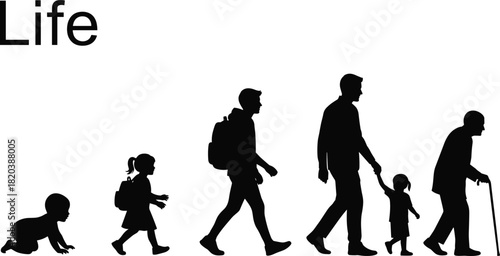 Silhouette of Human Life Stages from Baby to Elderly Man on White Background development growth