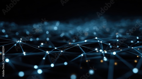 Abstract Network of Glowing Blue and White Nodes Connected by Lines on Dark Background technology connection