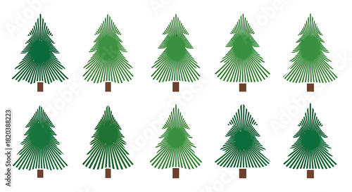 Nine green Christmas trees on white background
