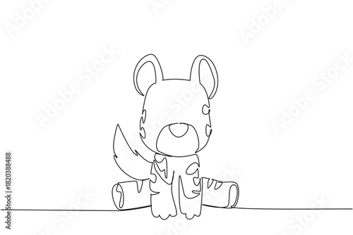 One line drawing of a cute baby hyena sitting with rounded ears and bushy tail, a wildlife concept for cute wild animals cartoon sitting, ideal for nursery posters, stickers, and playful kids branding