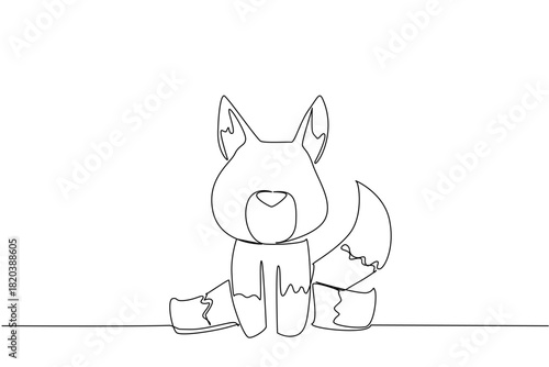 Single line draw of cute baby fox sitting with pointy ears and fluffy curved tail, a nature concept for cute wild animals cartoon sitting, ideal for nursery posters, stickers, and playful kids brand