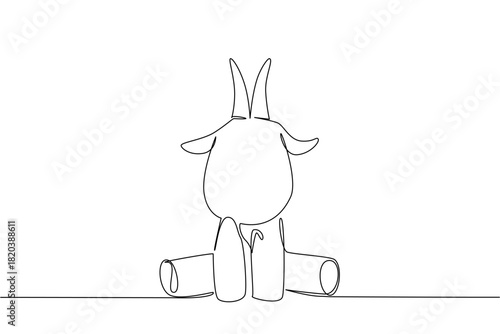 Single line drawing of a cute baby goat sitting with tiny horns and short ears, a nature concept themed for cute wild animals cartoon sitting, ideal for nursery posters, stickers, and sweet kids brand