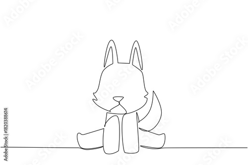 Single line drawing of a cute baby wolf sitting with pricked ears and fluffy tail, a nature concept for cute wild animals cartoon sitting, ideal for nursery decor, stickers, and playful kids branding