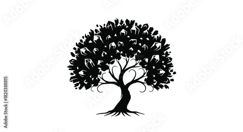 Stylized silhouette of a flourishing tree with intricate branches and roots on a white background